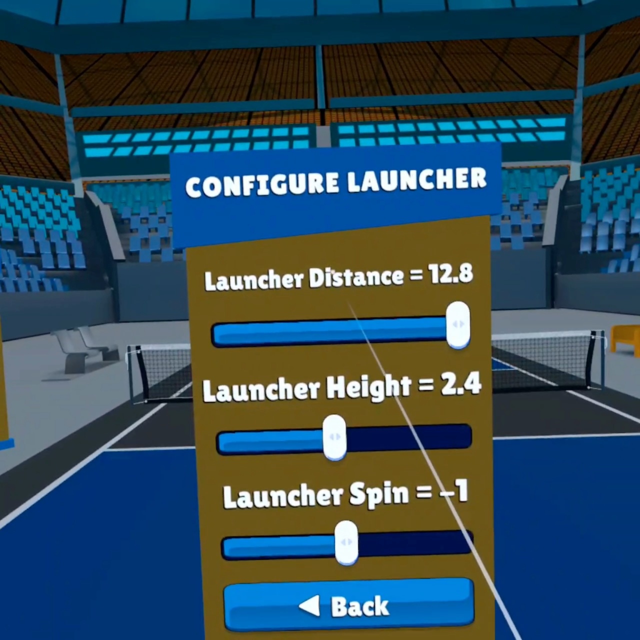 Configure Launcher Menu displaying Launcher Distance, Launcher Height, and Launcher Spin values.
