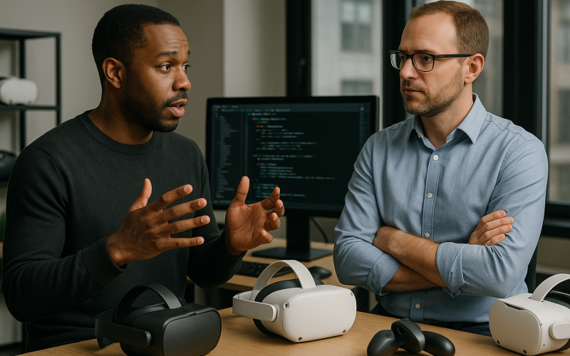 Two developers discussing VR/MR testing strategies in a workspace with VR headsets, controllers, and coding screen in the background — highlighting collaborative QA efforts for mixed reality tech & VR testing services.
