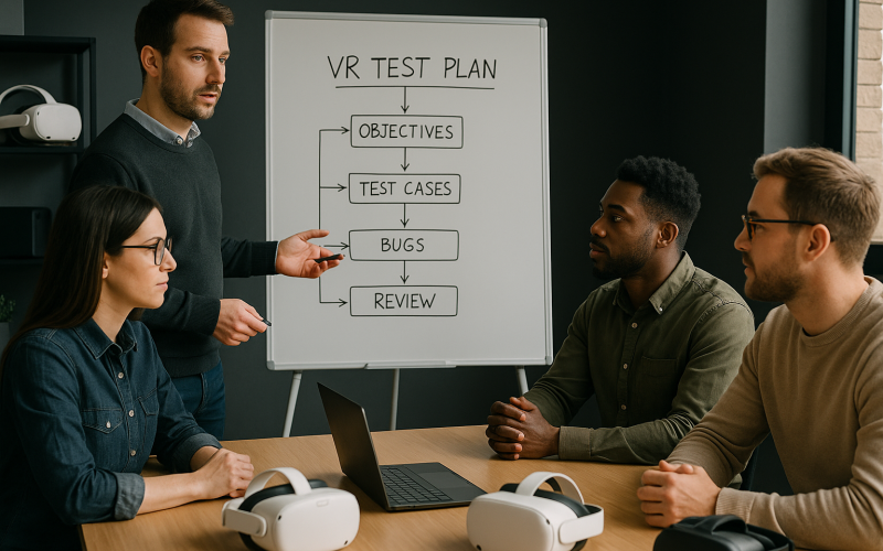 Team of QA engineers discussing a VR test plan for mixed reality applications, with flowchart outlining objectives, test cases, bugs, and review process—highlighting MR, VR, and AR testing workflows in a collaborative environment for SEO in immersive tech & healthcare solutions.