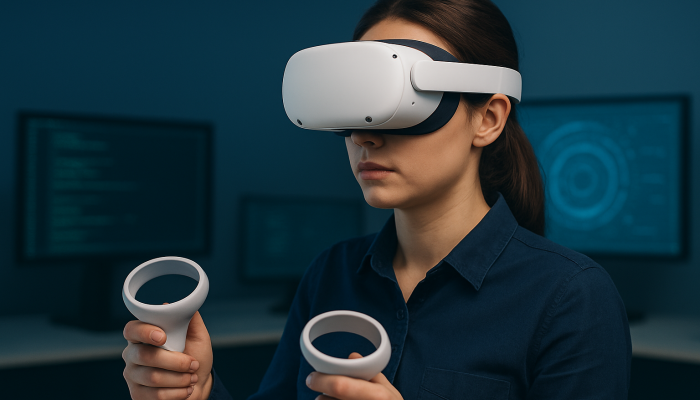 Female tester using a VR headset and controllers in a lab environment for immersive experience evaluation — mixed reality tech & VR testing services