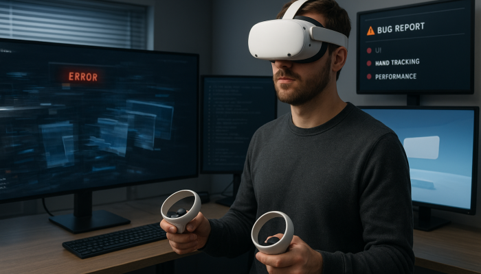 QA tester wearing a VR headset and holding controllers while debugging errors on multiple monitors, with bug report details shown — mixed reality tech & VR testing services.