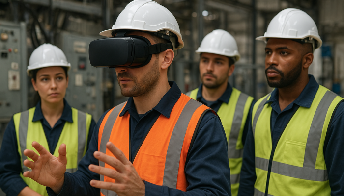 Industrial workers wearing safety vests and helmets, with one worker using a VR headset for XR safety training in a factory environment — mixed reality tech & VR testing services